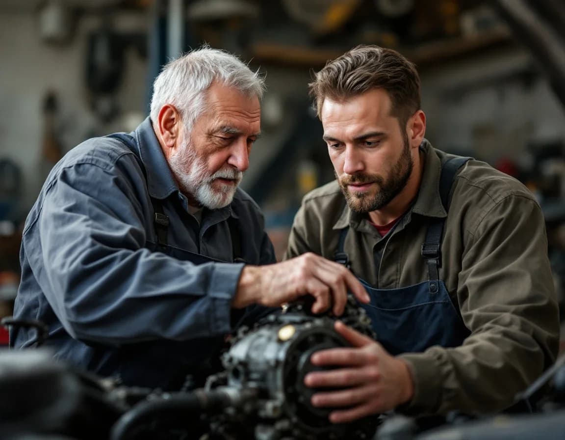 A grey-haired mechanic explains an engine part to a younger man as they both look at the part in a garage.