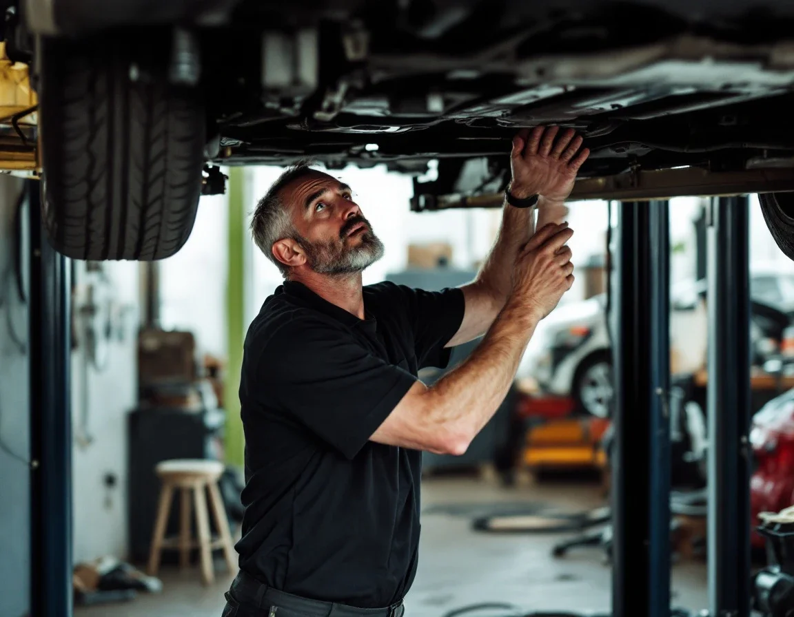 A man works under a car on a lift in a small garage bay.