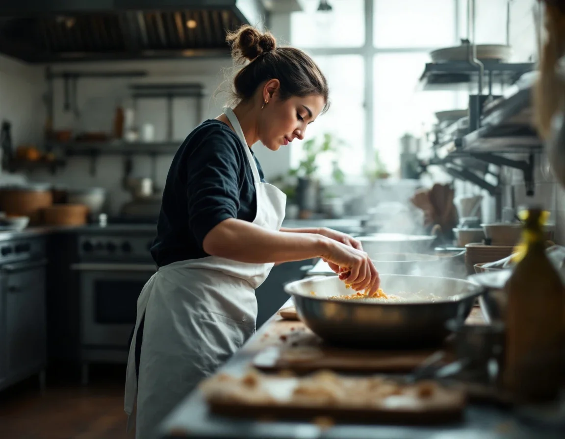 A woman batch-cooks alone in a bright commercial kitchen.