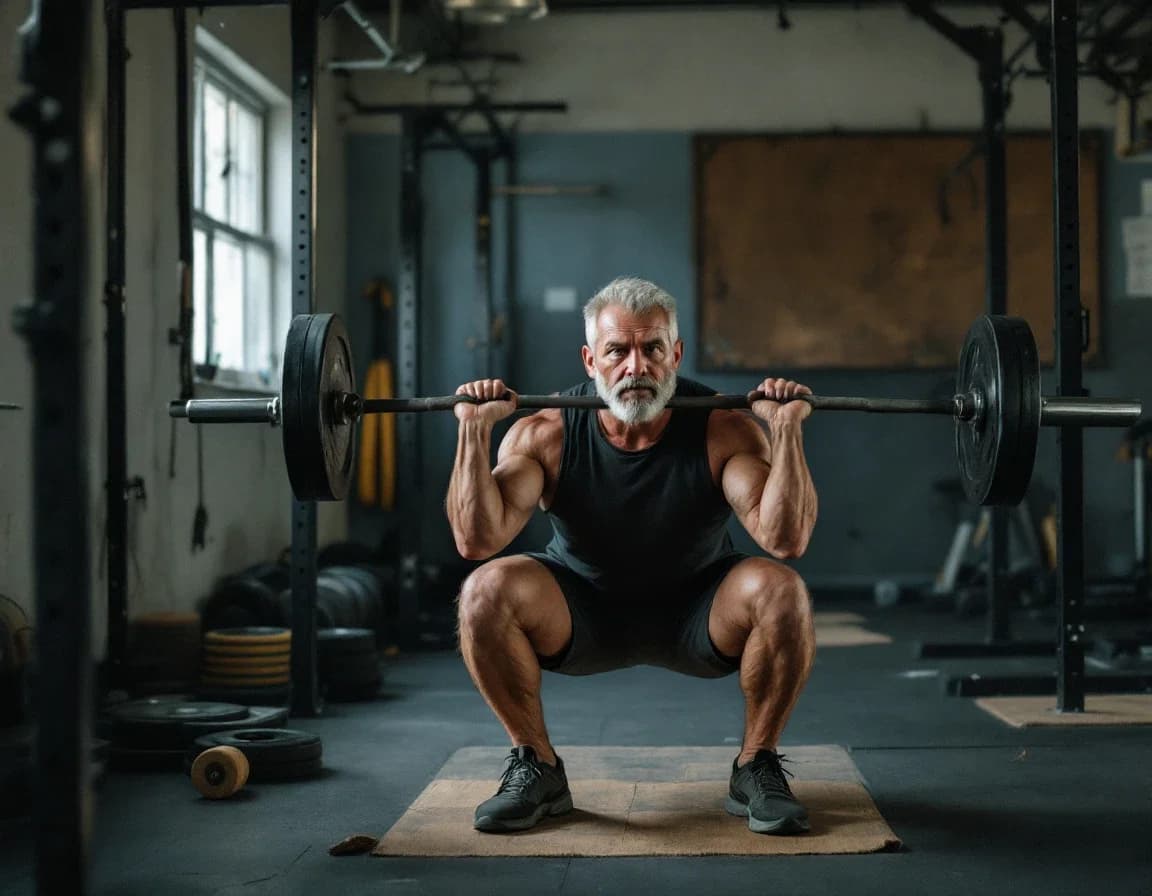 A man does squats in a small private gym, empty except for him.