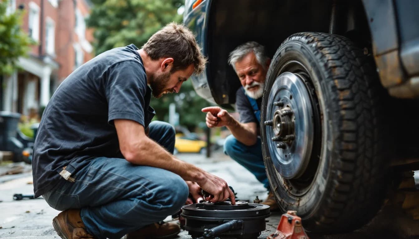 A man does his own front brake job in a Philadelphia rowhome driveway while an older mechanic crouches beside him, pointing at the caliper.