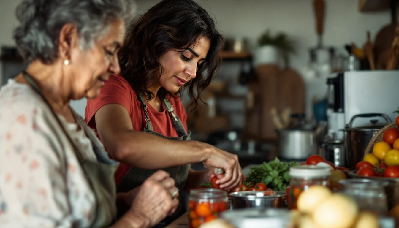 A woman cans tomatoes in a home kitchen while an older woman beside her checks the pressure canner gauge.