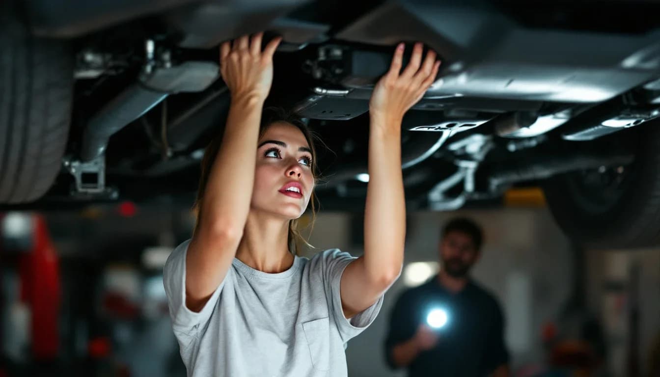 A young woman works under a car on a two-post lift in a small garage bay while a mechanic stands beside her holding a flashlight.